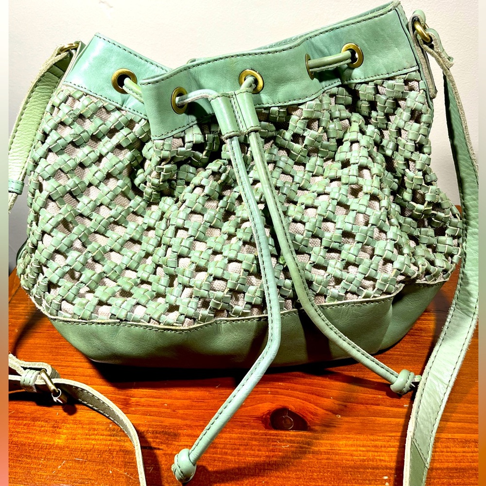 Marta Ponti Portugal Woven Leather Mint Green Hobo Bucket Crossbody Bag New
